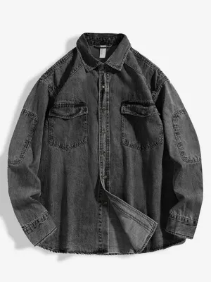 WesternVogue Herren Langarm-Jeanshemd mit Knopftaschen