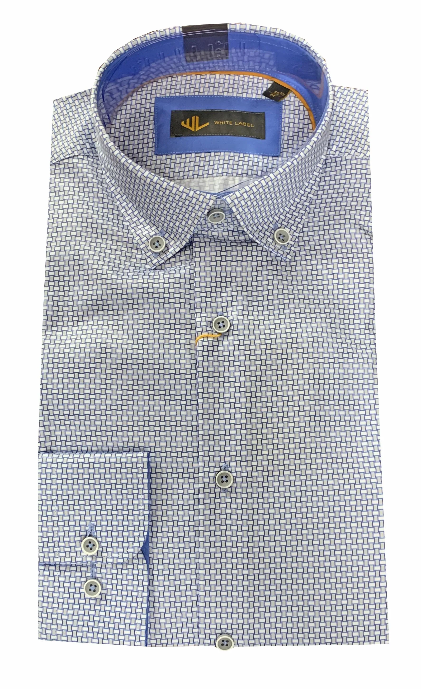 White Label Men's Shirt Tapered Fit Grey/Blue Square Print