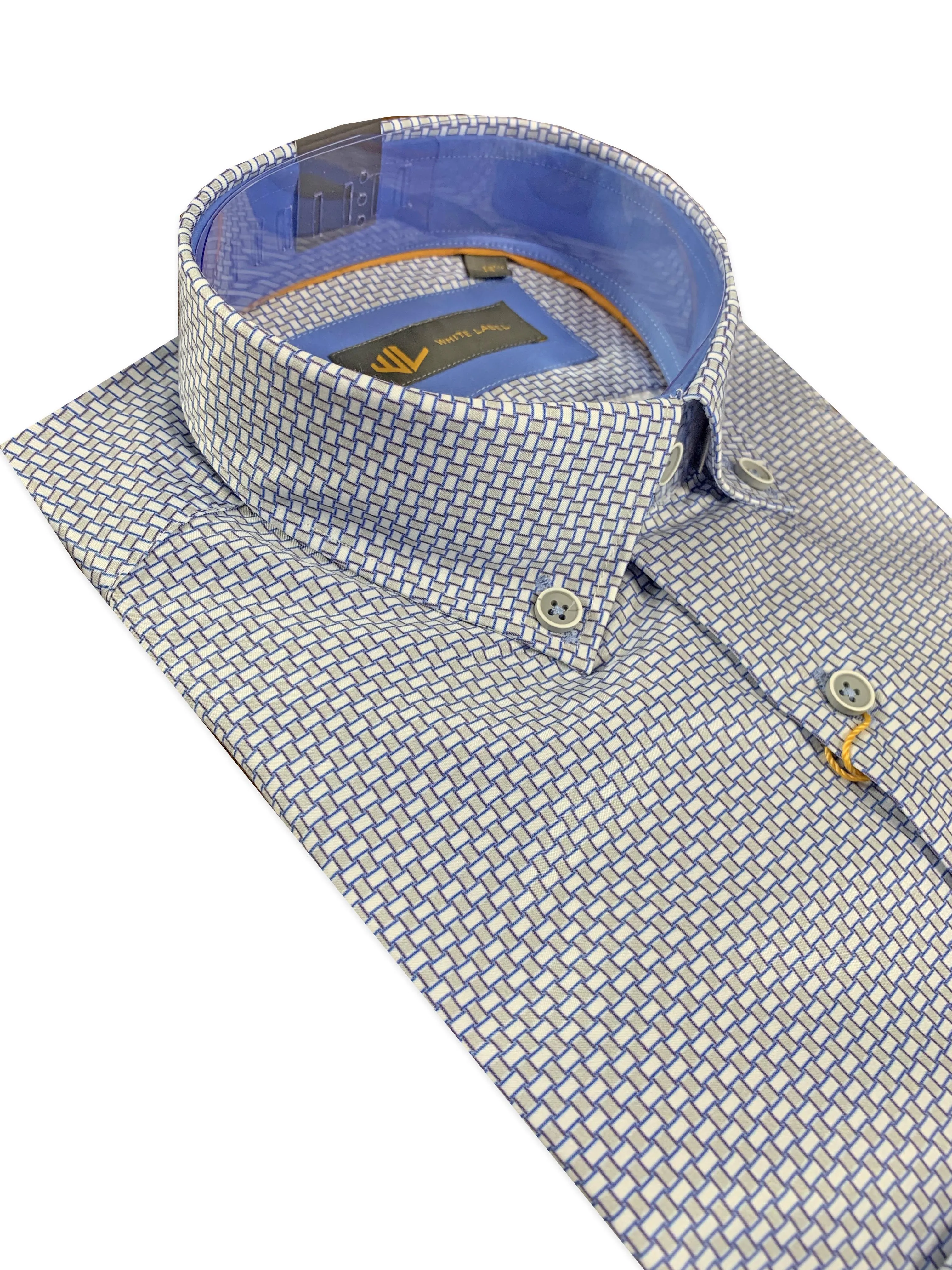 White Label Men's Shirt Tapered Fit Grey/Blue Square Print