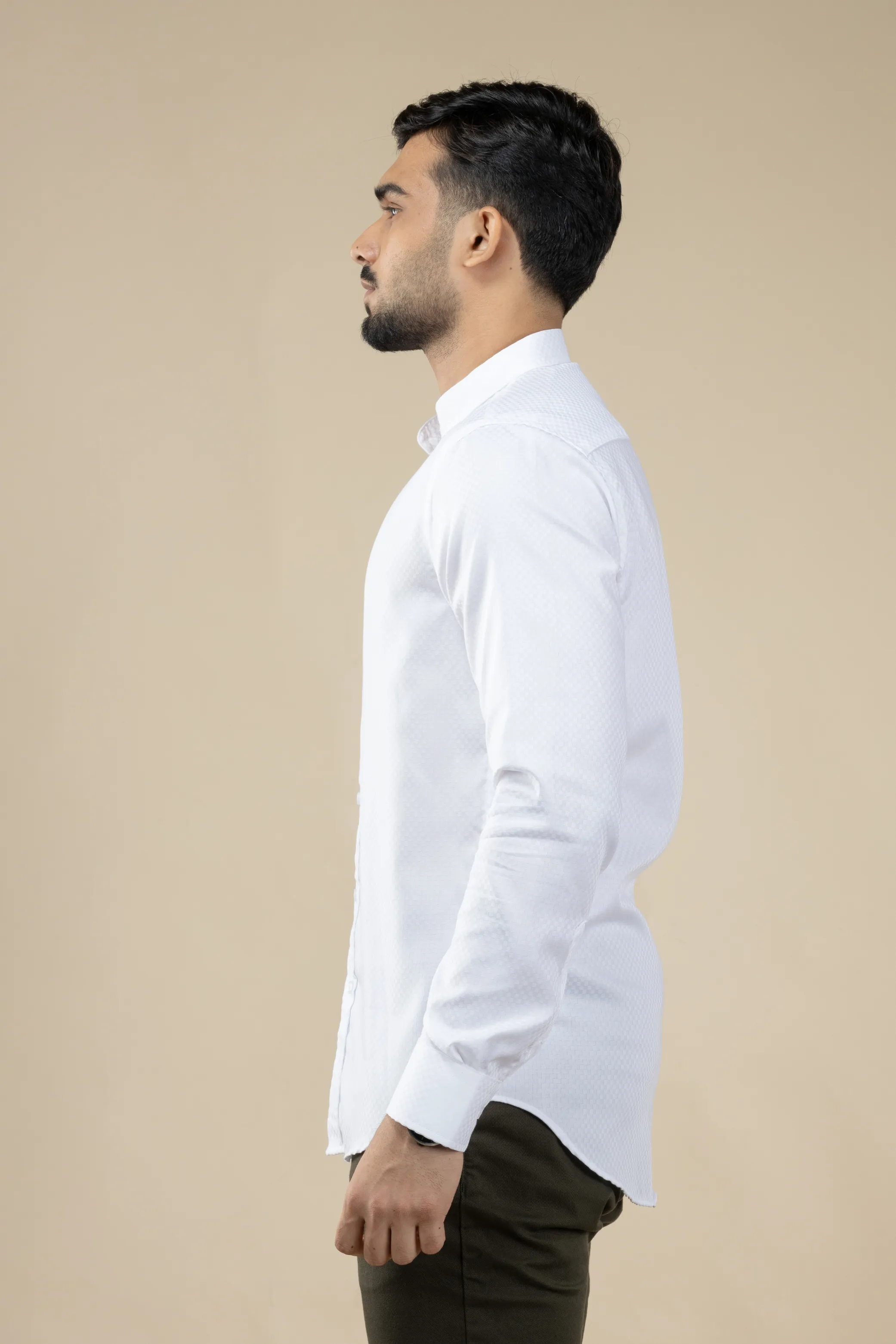 White Textured Nehru Long Sleeve Shirt