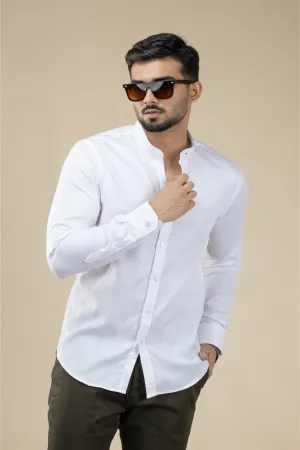 White Textured Nehru Long Sleeve Shirt