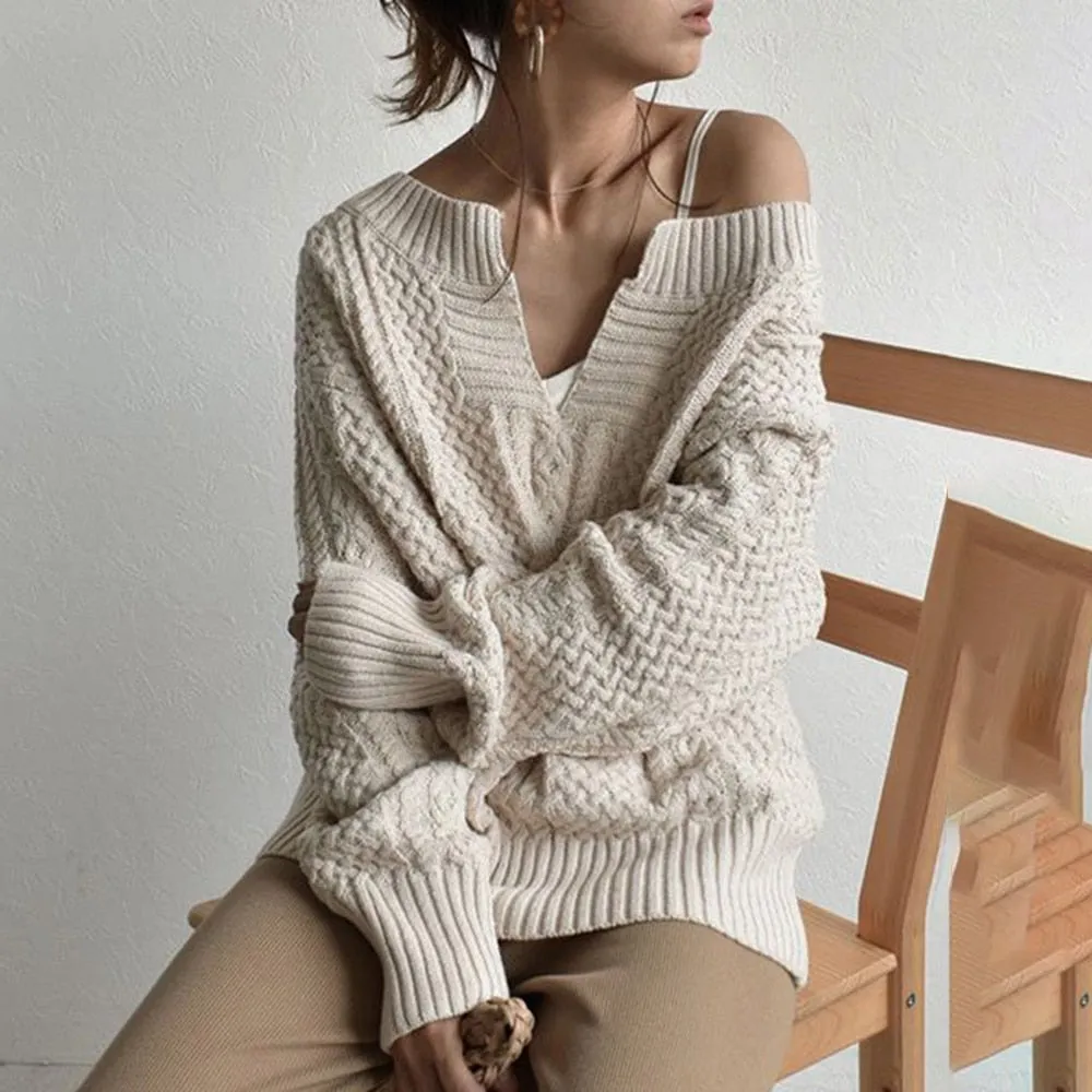 Winter Knitted Sweater Female Autumn V Neck Sexy Casual Loose Solid Color Pullovers Knitwear Women OL Tops Jumper Pull Femme (Khaki One Size)