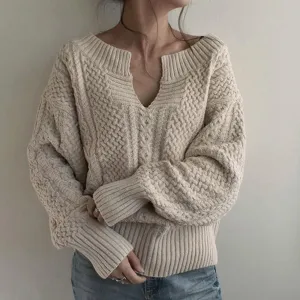 Winter Knitted Sweater Female Autumn V Neck Sexy Casual Loose Solid Color Pullovers Knitwear Women OL Tops Jumper Pull Femme (Khaki One Size)