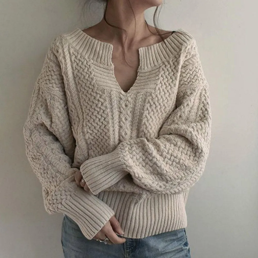 Winter Knitted Sweater Female Autumn V Neck Sexy Casual Loose Solid Color Pullovers Knitwear Women OL Tops Jumper Pull Femme (Khaki One Size)