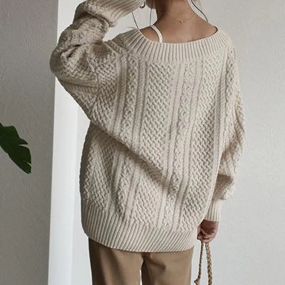 Winter Knitted Sweater Female Autumn V Neck Sexy Casual Loose Solid Color Pullovers Knitwear Women OL Tops Jumper Pull Femme (Khaki One Size)