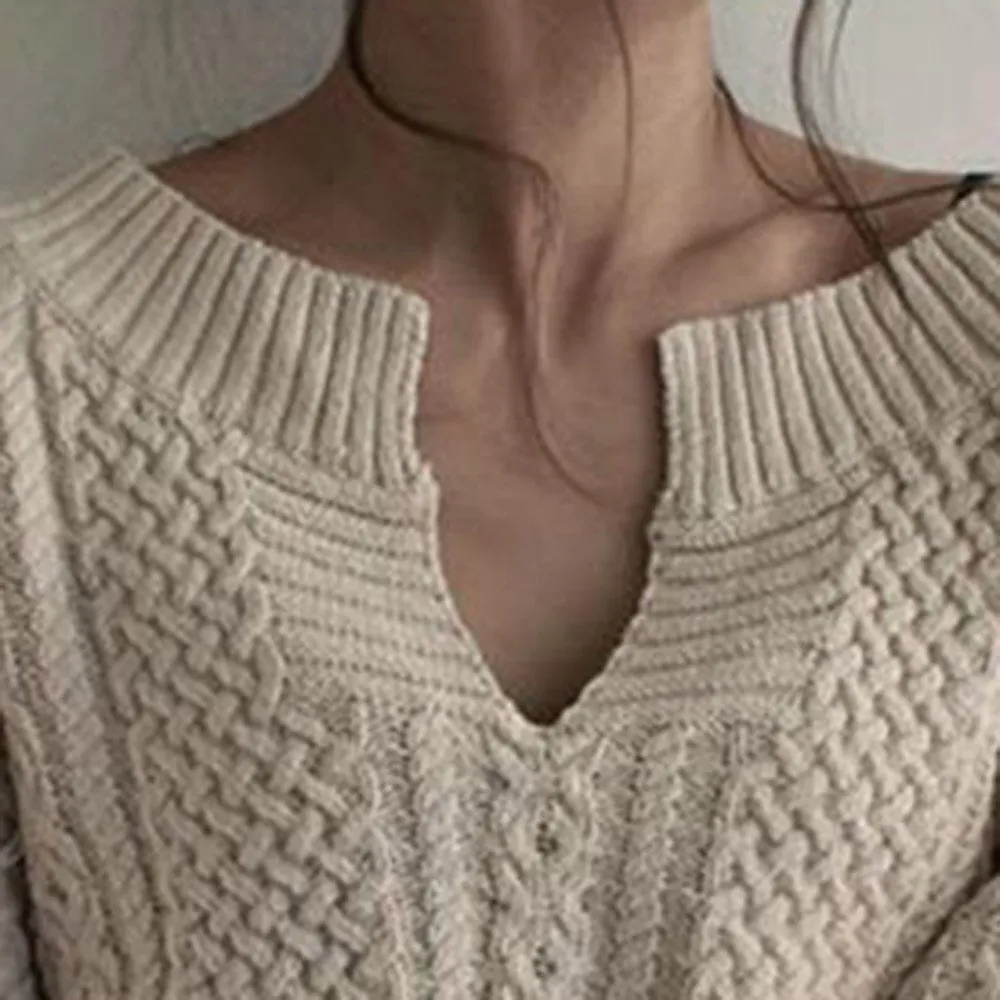 Winter Knitted Sweater Female Autumn V Neck Sexy Casual Loose Solid Color Pullovers Knitwear Women OL Tops Jumper Pull Femme (Khaki One Size)