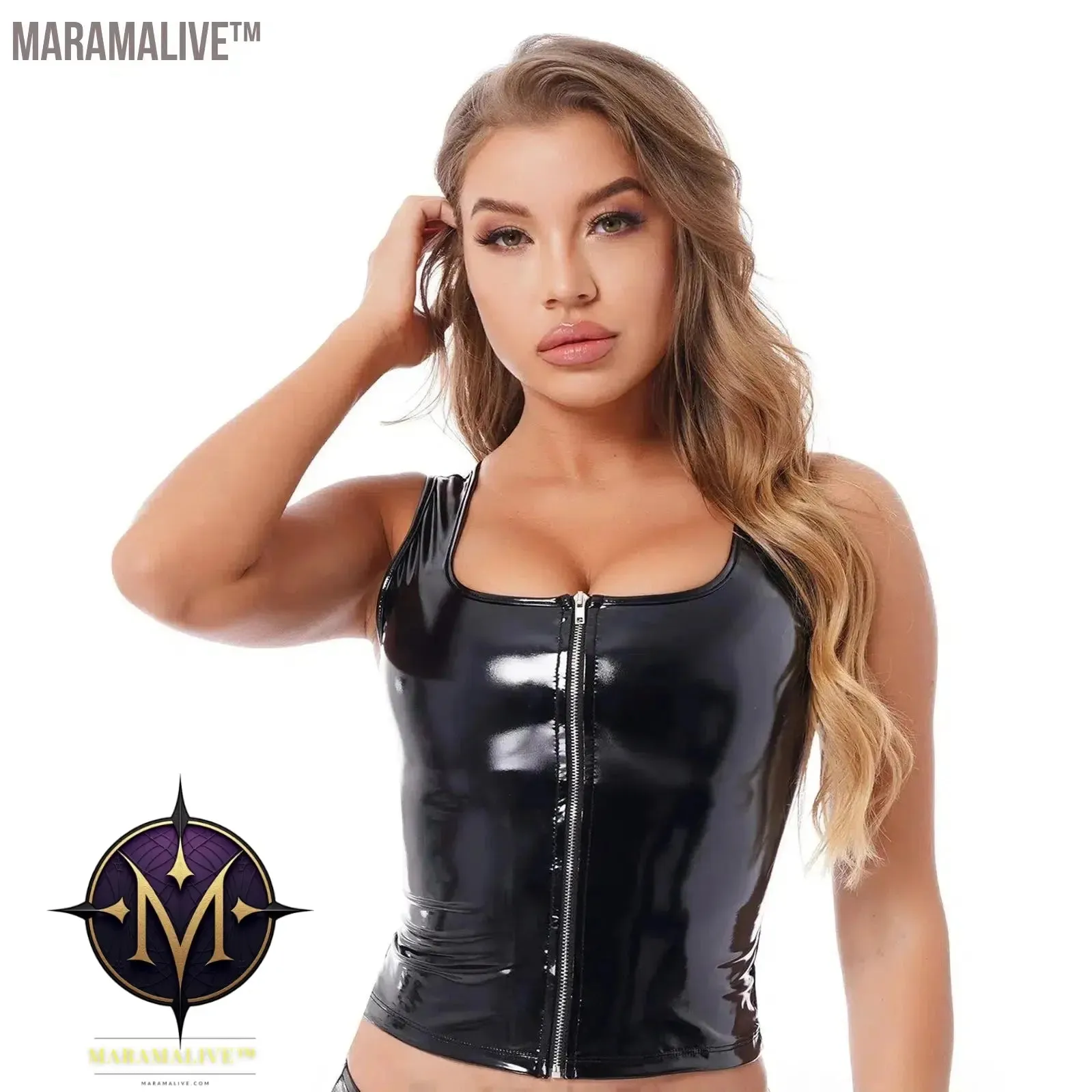 Women Sexy Patent Leather Tank Crop Tops Summer Nightclub PVC Camis Bodycon Vest Zip Gothic Slim PU Tees Clothing Custom Party