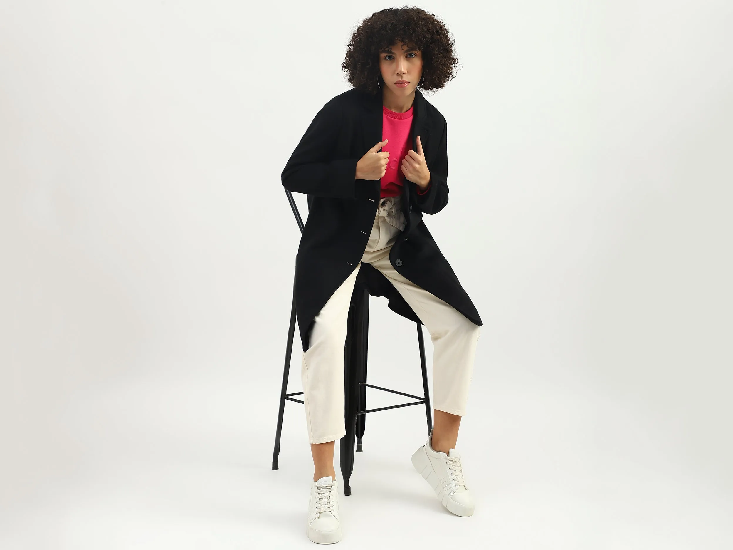 Women Solid Lapel Collar Coat