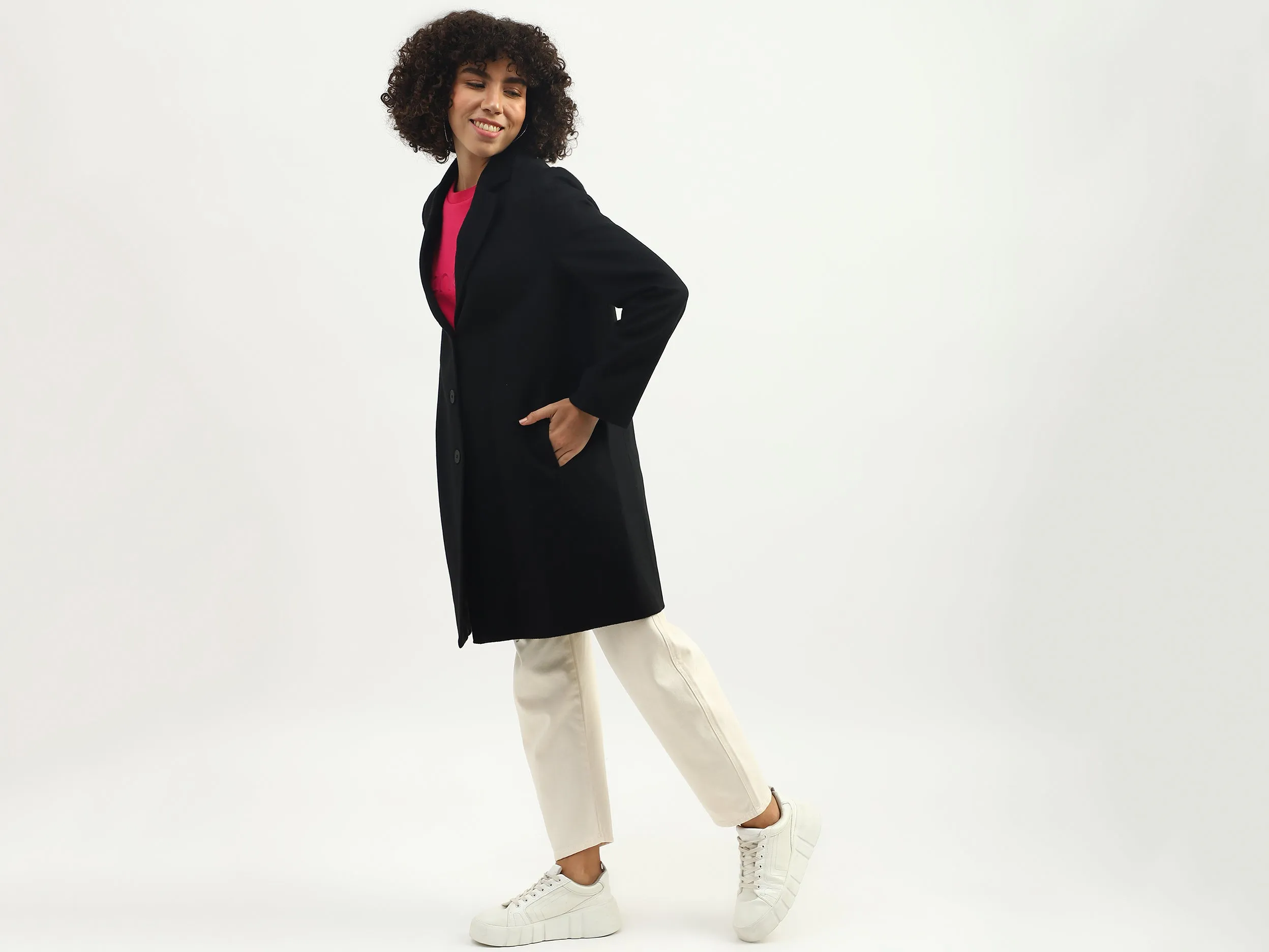 Women Solid Lapel Collar Coat