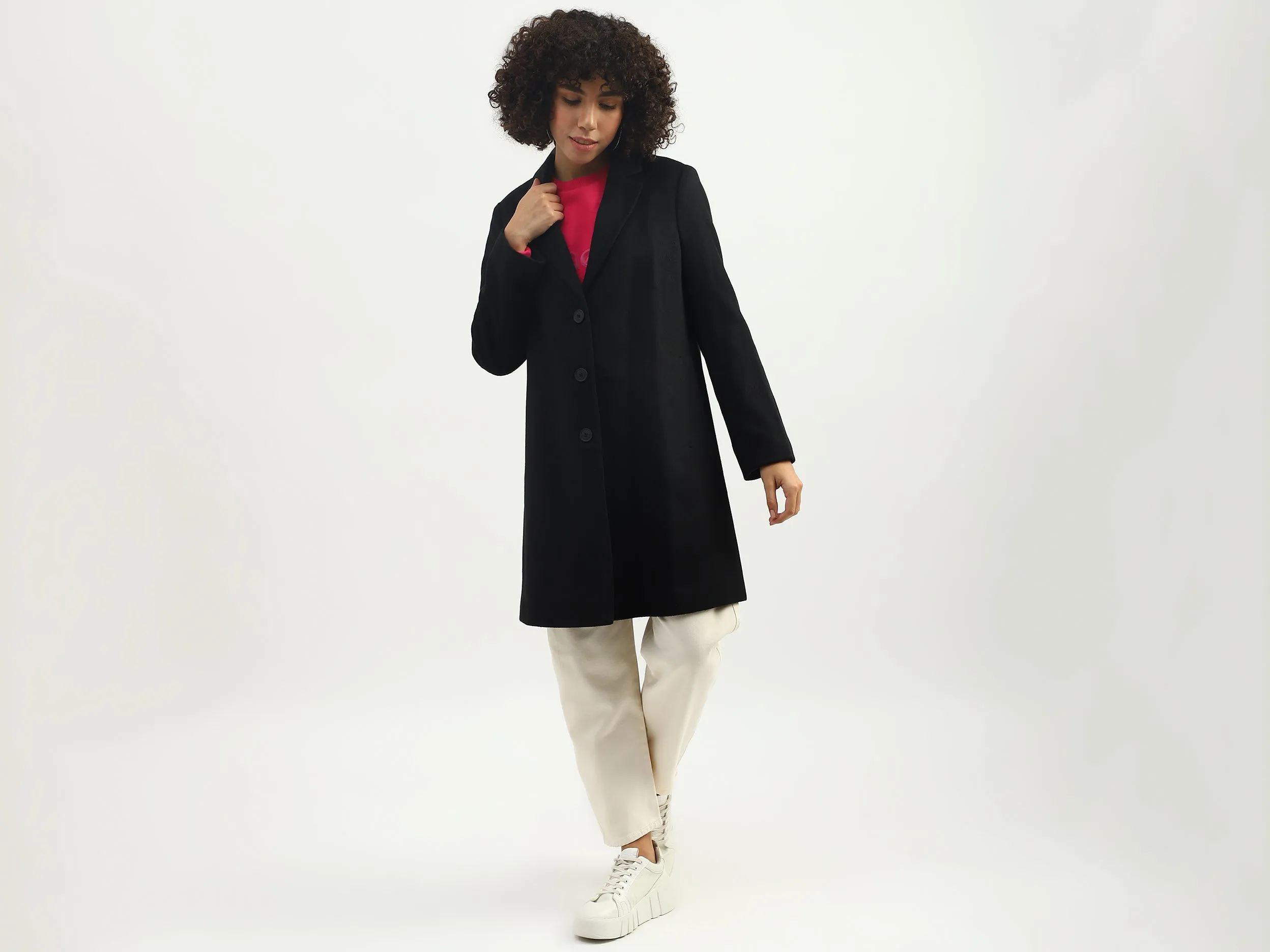 Women Solid Lapel Collar Coat