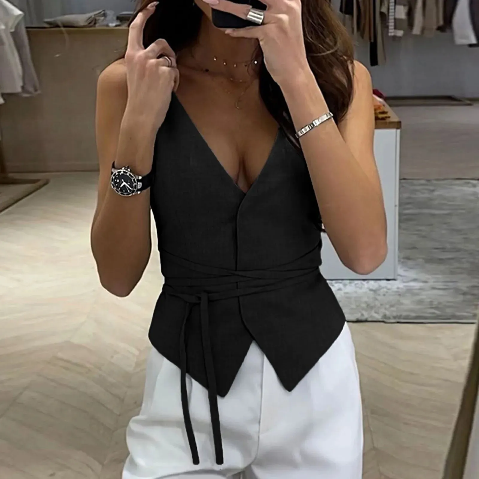 Women V-Neck Open Front Lace Up Tank Tops Sleeveless Slim Fit Casual Camisoles Office Lady Y2k Solid Cardigan Cropped Tops