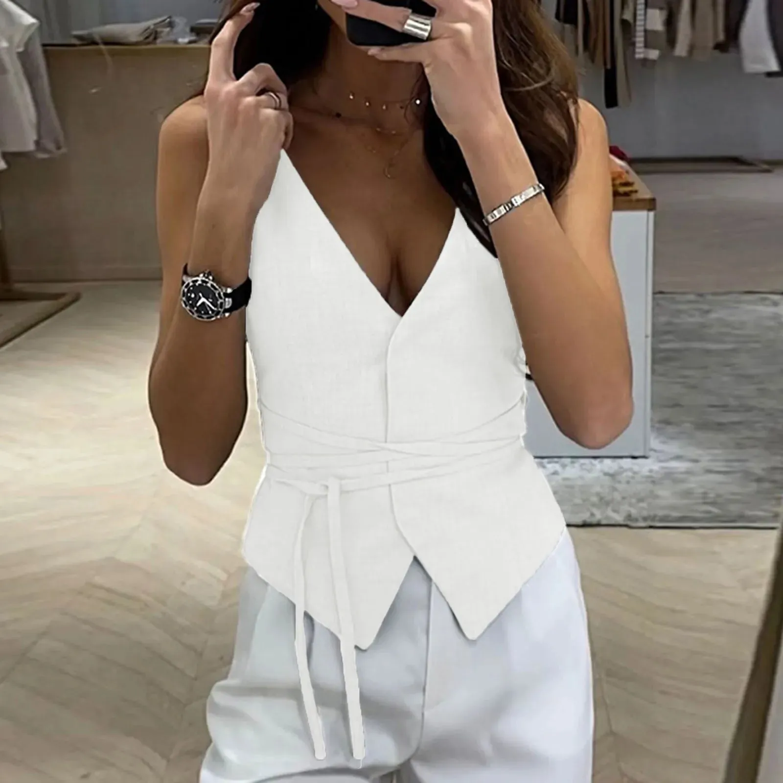 Women V-Neck Open Front Lace Up Tank Tops Sleeveless Slim Fit Casual Camisoles Office Lady Y2k Solid Cardigan Cropped Tops