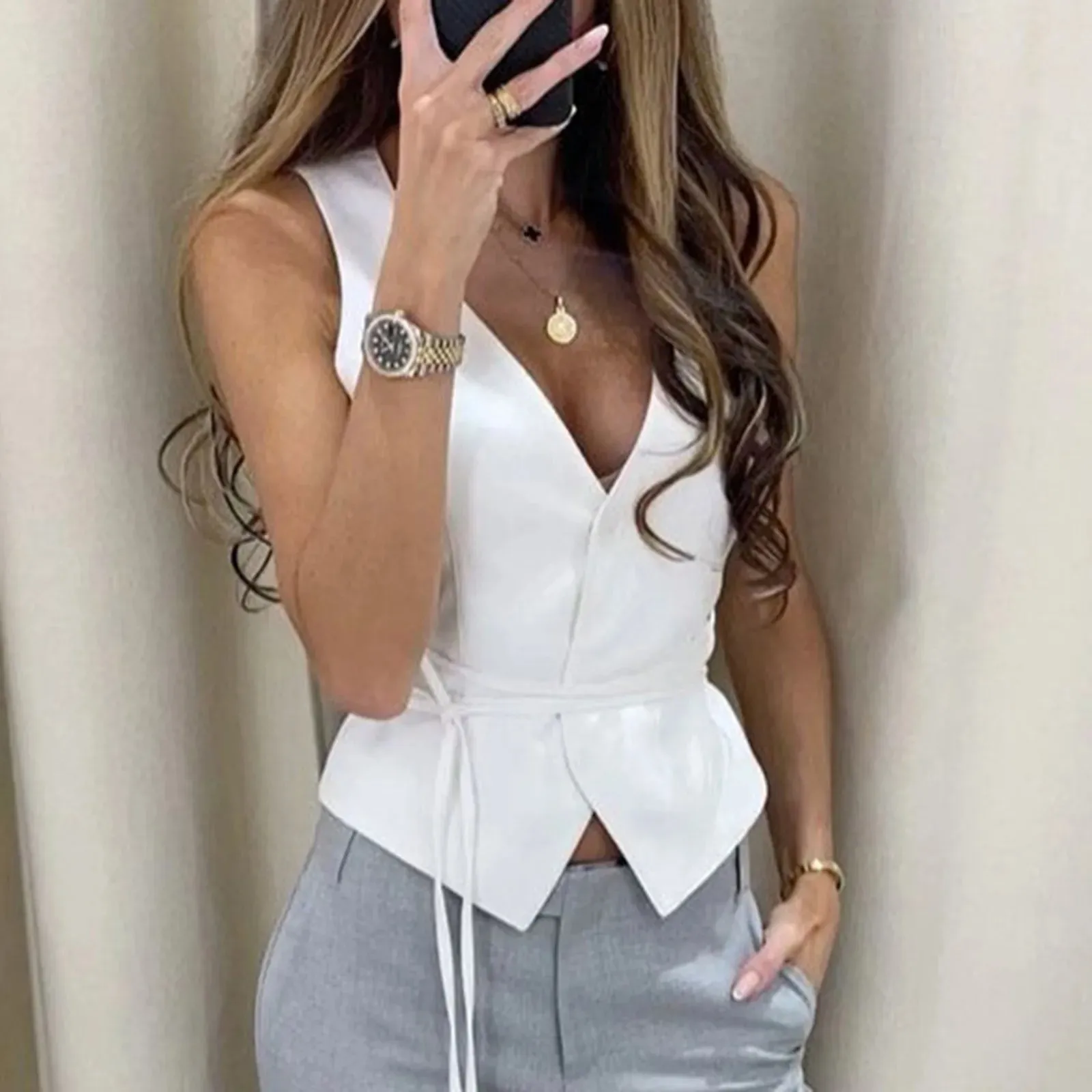 Women V-Neck Open Front Lace Up Tank Tops Sleeveless Slim Fit Casual Camisoles Office Lady Y2k Solid Cardigan Cropped Tops