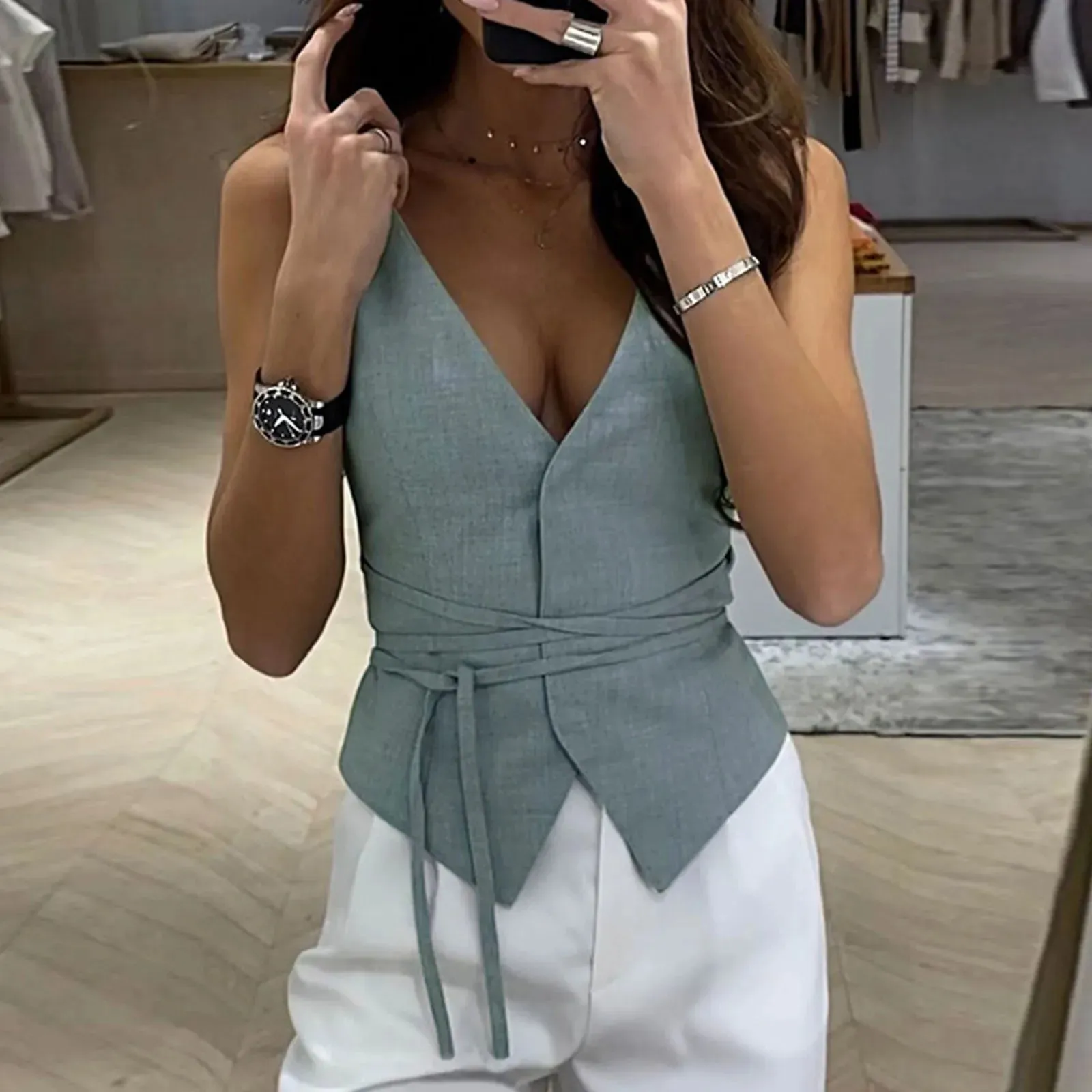 Women V-Neck Open Front Lace Up Tank Tops Sleeveless Slim Fit Casual Camisoles Office Lady Y2k Solid Cardigan Cropped Tops
